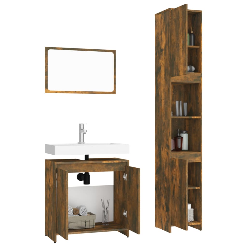 3 Piece Bathroom Furniture Set Smoked Oak Engineered Wood