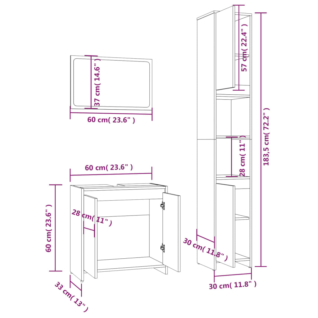 3 Piece Bathroom Furniture Set Smoked Oak Engineered Wood