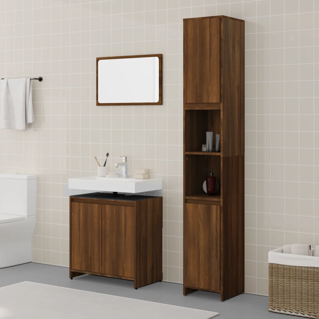 3 Piece Bathroom Furniture Set Brown Oak Engineered Wood