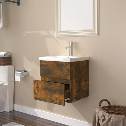 Sink Cabinet with Built-in Basin Smoked Oak Engineered Wood