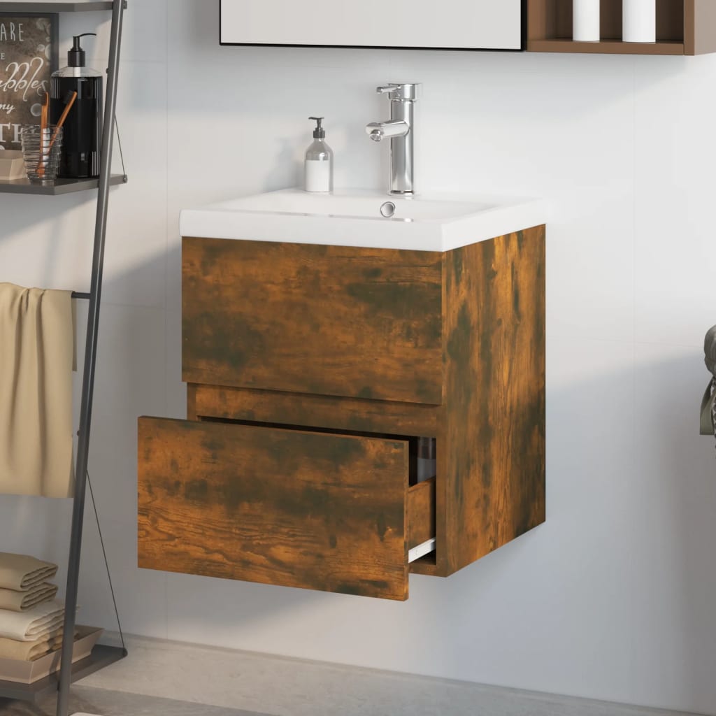 Sink Cabinet with Built-in Basin Smoked Oak Engineered Wood