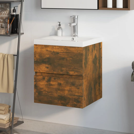 Sink Cabinet with Built-in Basin Smoked Oak Engineered Wood