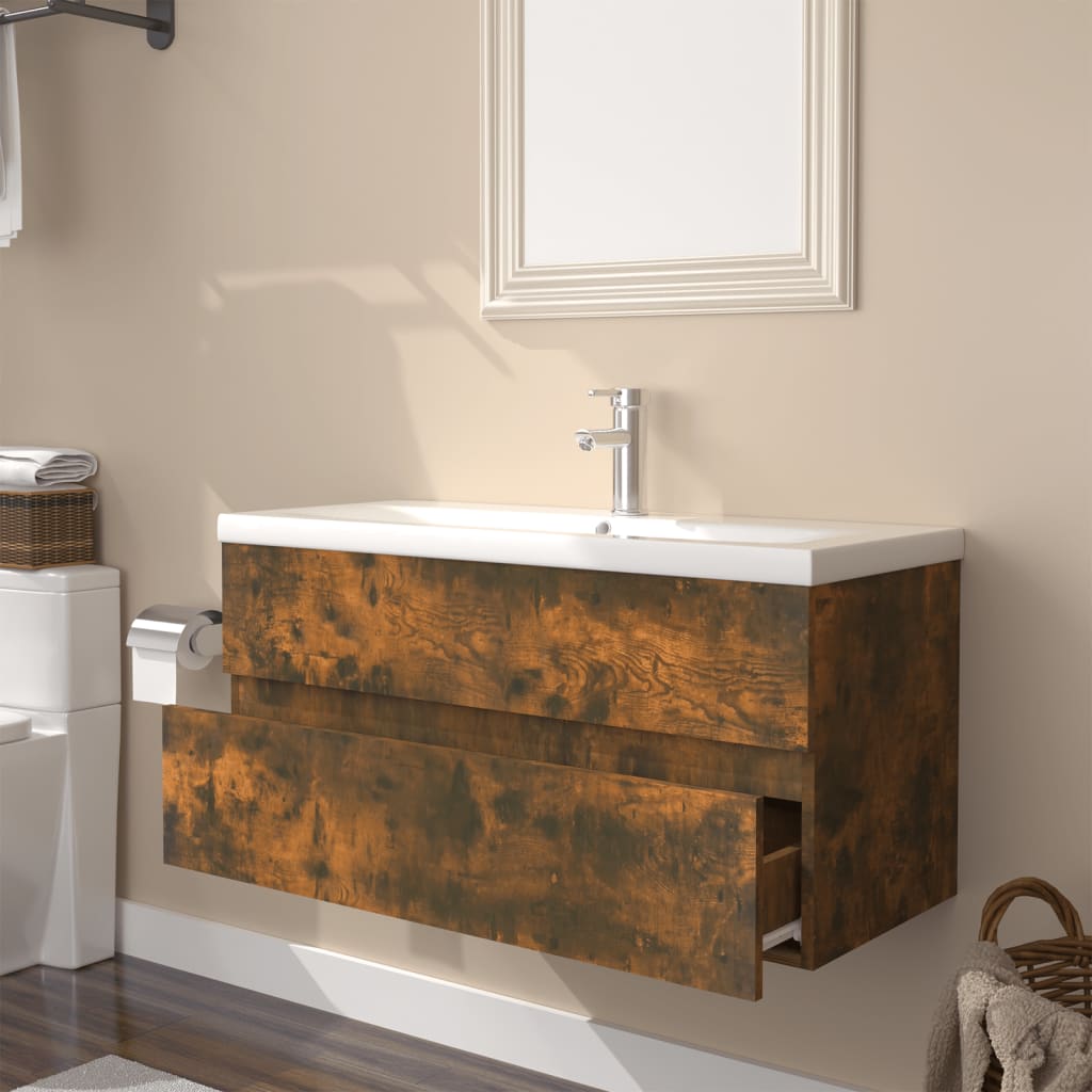 Sink Cabinet with Built-in Basin Smoked Oak Engineered Wood