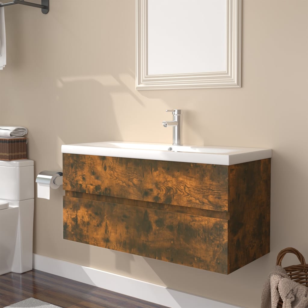 Sink Cabinet with Built-in Basin Smoked Oak Engineered Wood