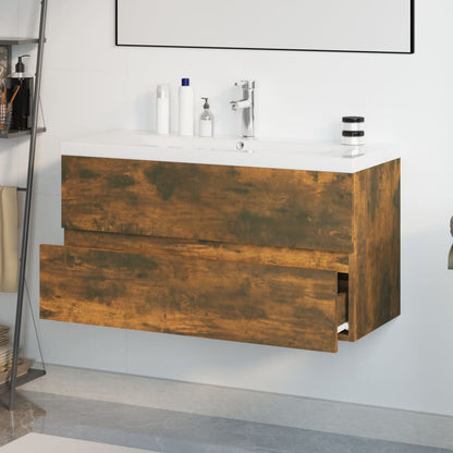 Sink Cabinet with Built-in Basin Smoked Oak Engineered Wood