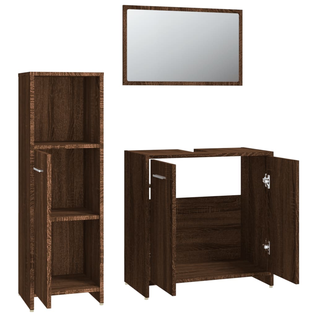 3 Piece Bathroom Furniture Set Brown Oak Engineered Wood