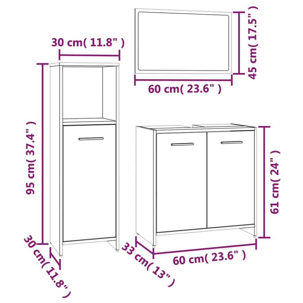 3 Piece Bathroom Furniture Set Brown Oak Engineered Wood