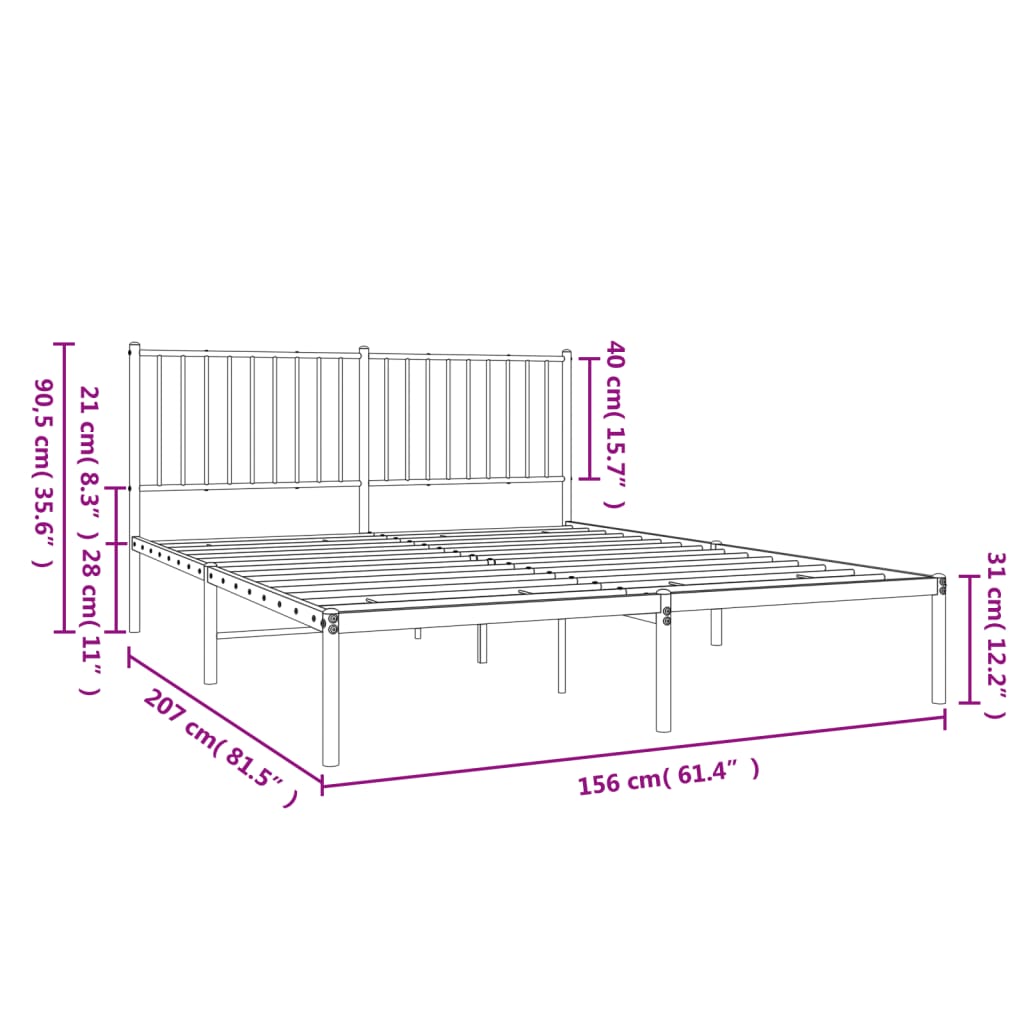 Metal Bed Frame with Headboard Black 150x200 cm King Size