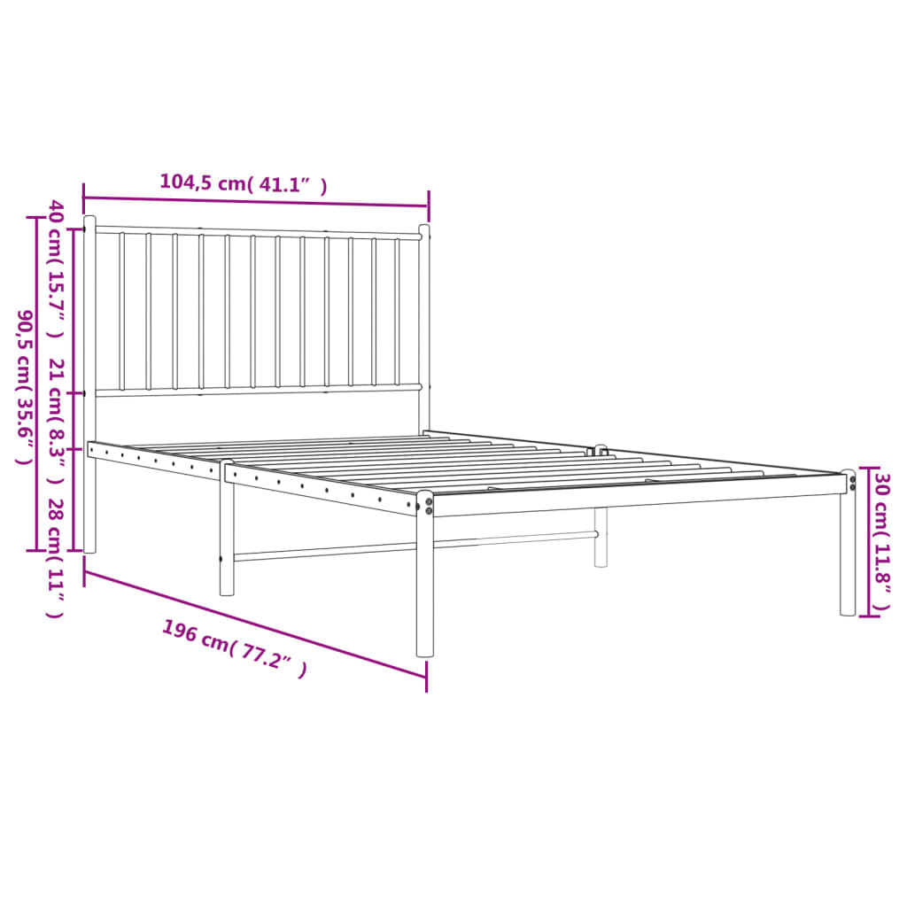 Metal Bed Frame with Headboard White 100x190 cm