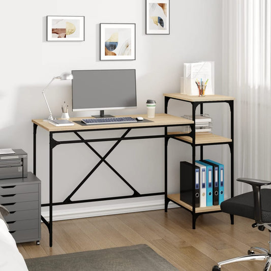 Desk with Shelves Sonoma Oak 135x50x90 cm Engineered Wood&Iron