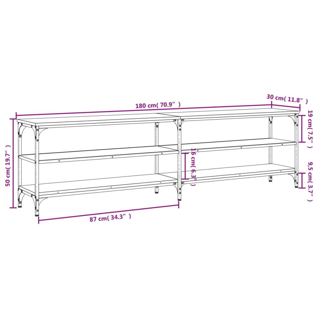 TV Cabinet Grey Sonoma 180x30x50 cm Engineered Wood and Metal