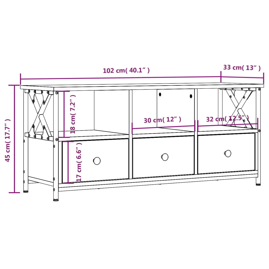 TV Cabinet Brown Oak 102x33x45 cm Engineered Wood&Iron