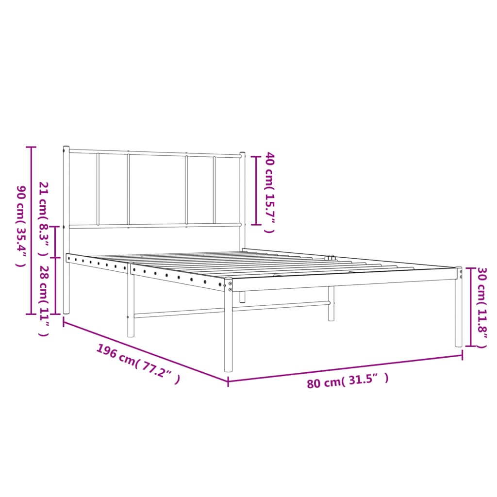 Metal Bed Frame without Mattress with Headboard Black 75x190 cm Small Single