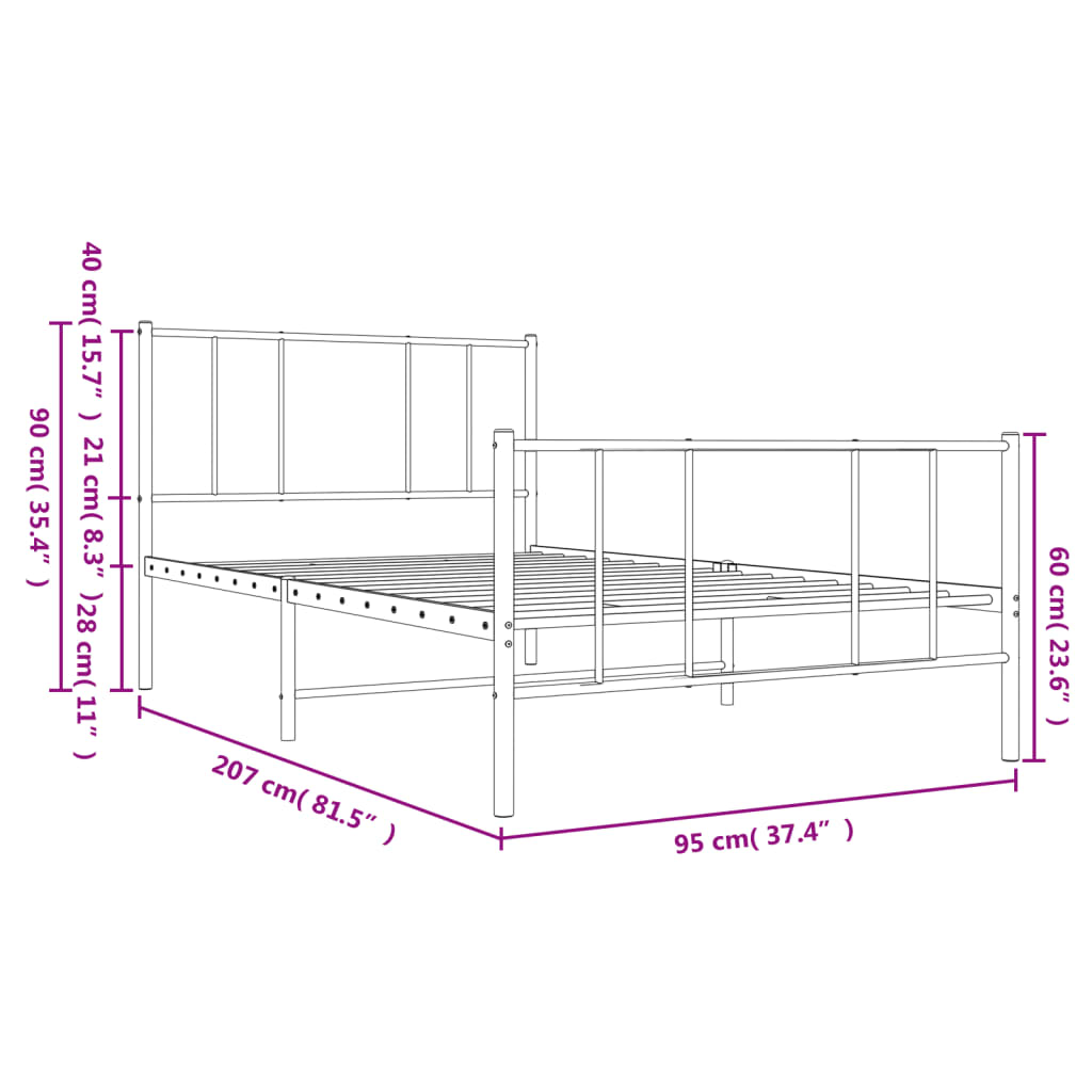 Metal Bed Frame with Headboard and Footboard Black 90x200 cm