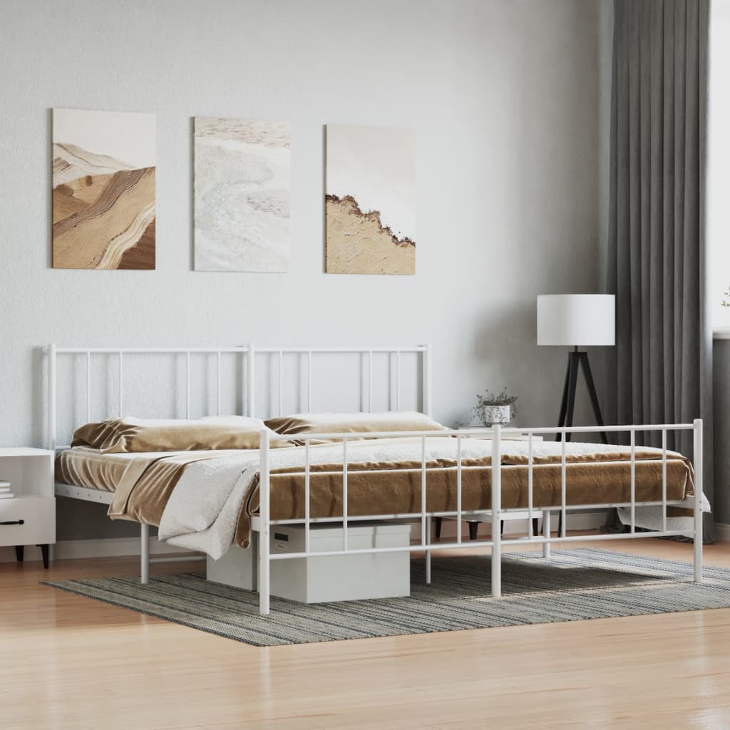 Metal Bed Frame with Headboard and Footboard White 180x200 cm Super King