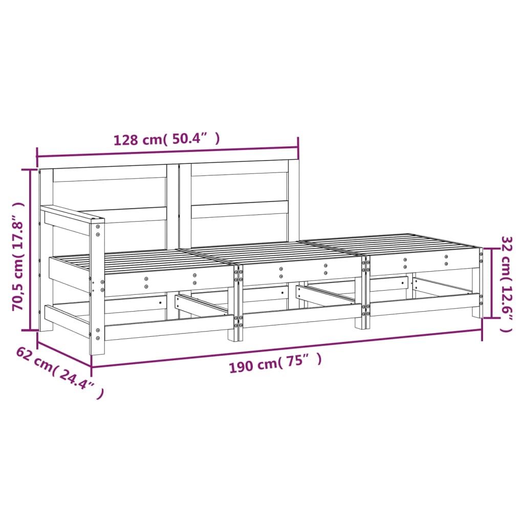 3 Piece Garden Lounge Set Solid Wood Pine