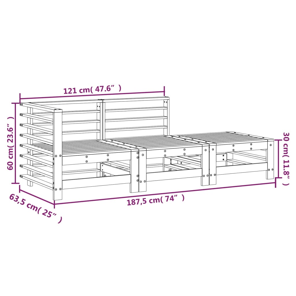 3 Piece Garden Lounge Set Black Solid Wood Pine