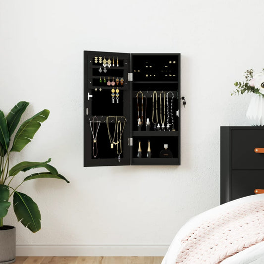 Mirror Jewellery Cabinet Wall Mounted Black 30x8.5x67 cm