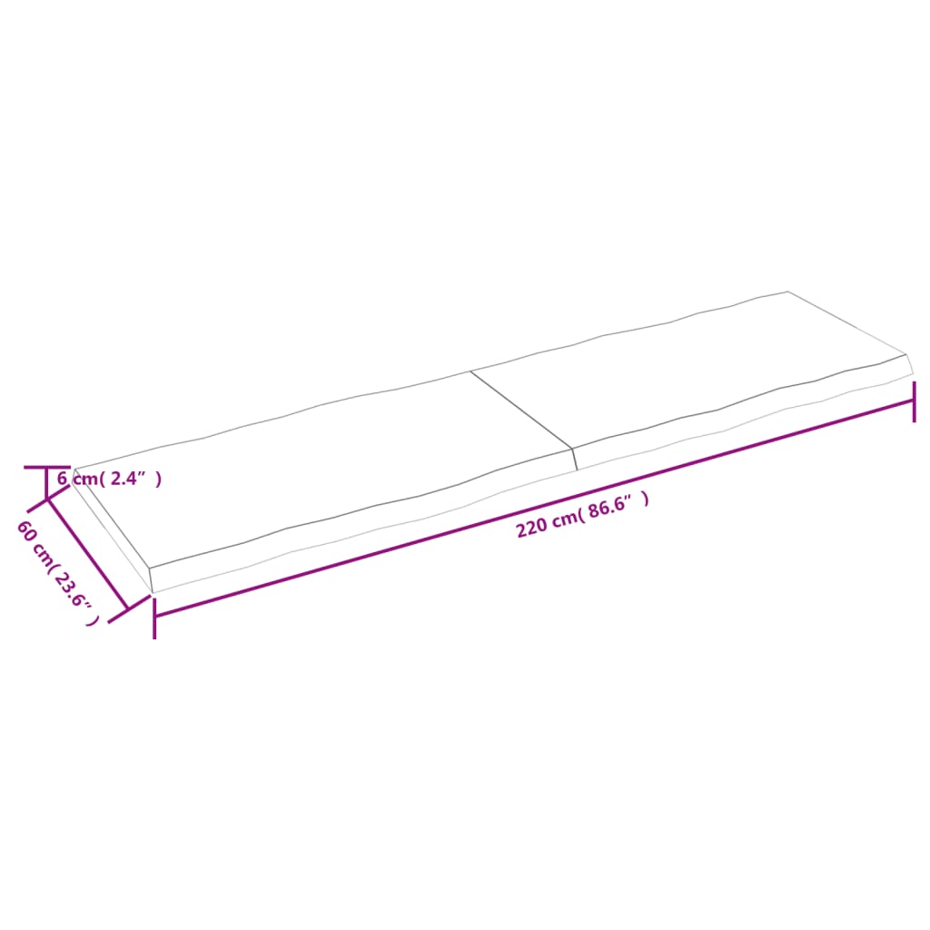 Table Top Light Brown 220x60x(2-6)cm Treated Solid Wood Live Edge