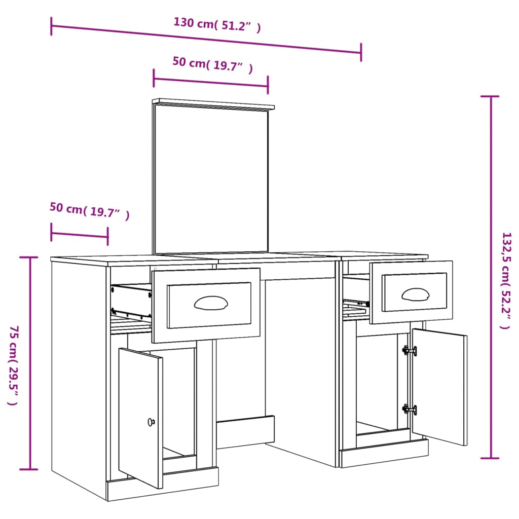 Dressing Table with Mirror Smoked Oak 130x50x132.5 cm