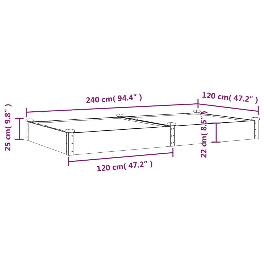 Garden Raised Bed with Liner Grey 240x120x25 cm Solid Wood Fir