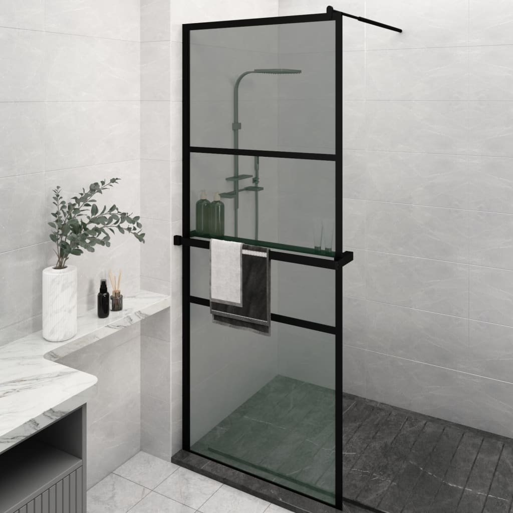 Walk-in Shower Wall with Shelf Black 80x195cm ESG Glass&Aluminium