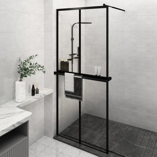 Walk-in Shower Wall with Shelf Black 90x195 cm ESG Glass&Aluminium