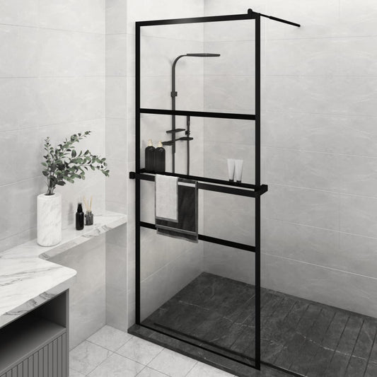 Walk-in Shower Wall with Shelf Black 90x195 cm ESG Glass&Aluminium