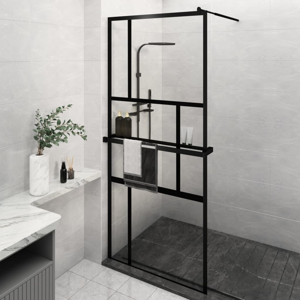 Walk-in Shower Wall with Shelf Black 90x195 cm ESG Glass&Aluminium