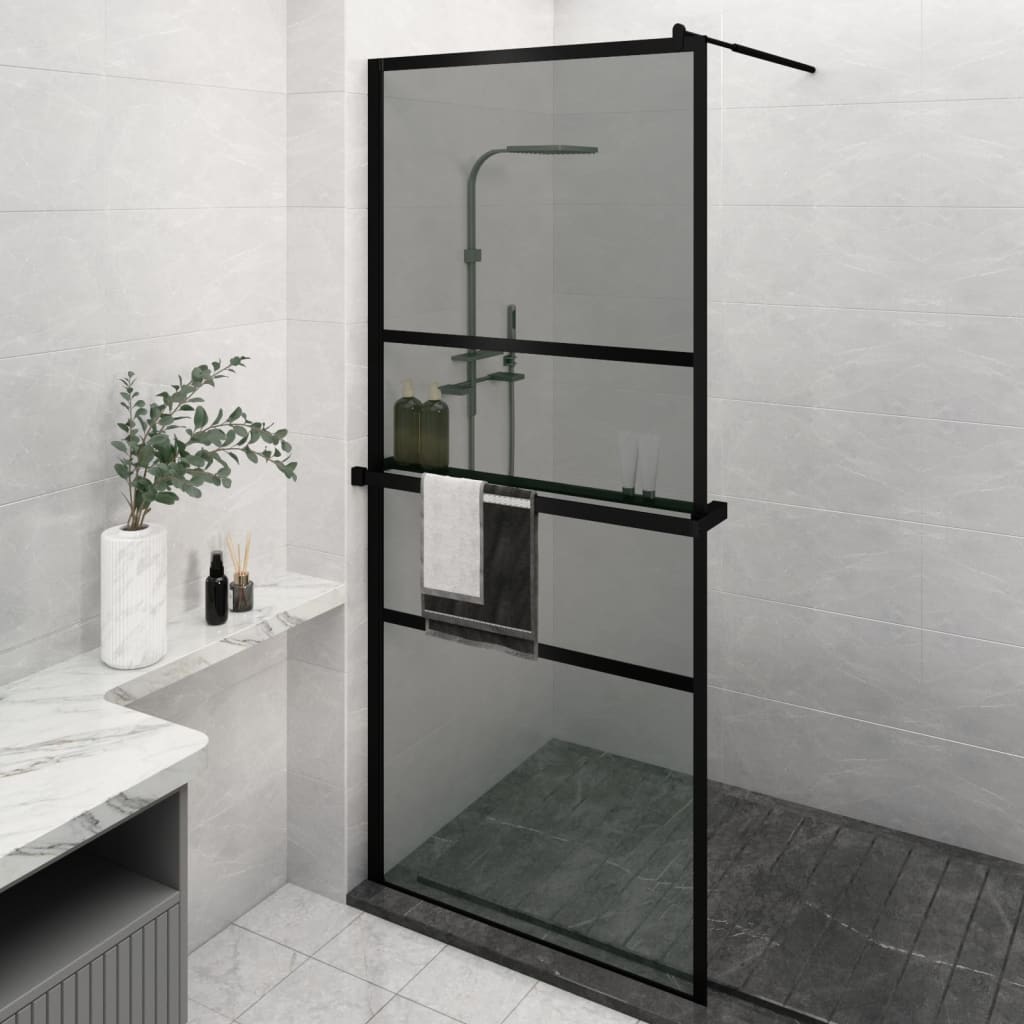 Walk-in Shower Wall with Shelf Black 90x195 cm ESG Glass&Aluminium