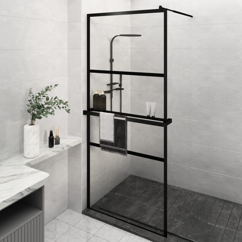 Walk-in Shower Wall with Shelf Black 100x195 cm ESG Glass&Aluminium