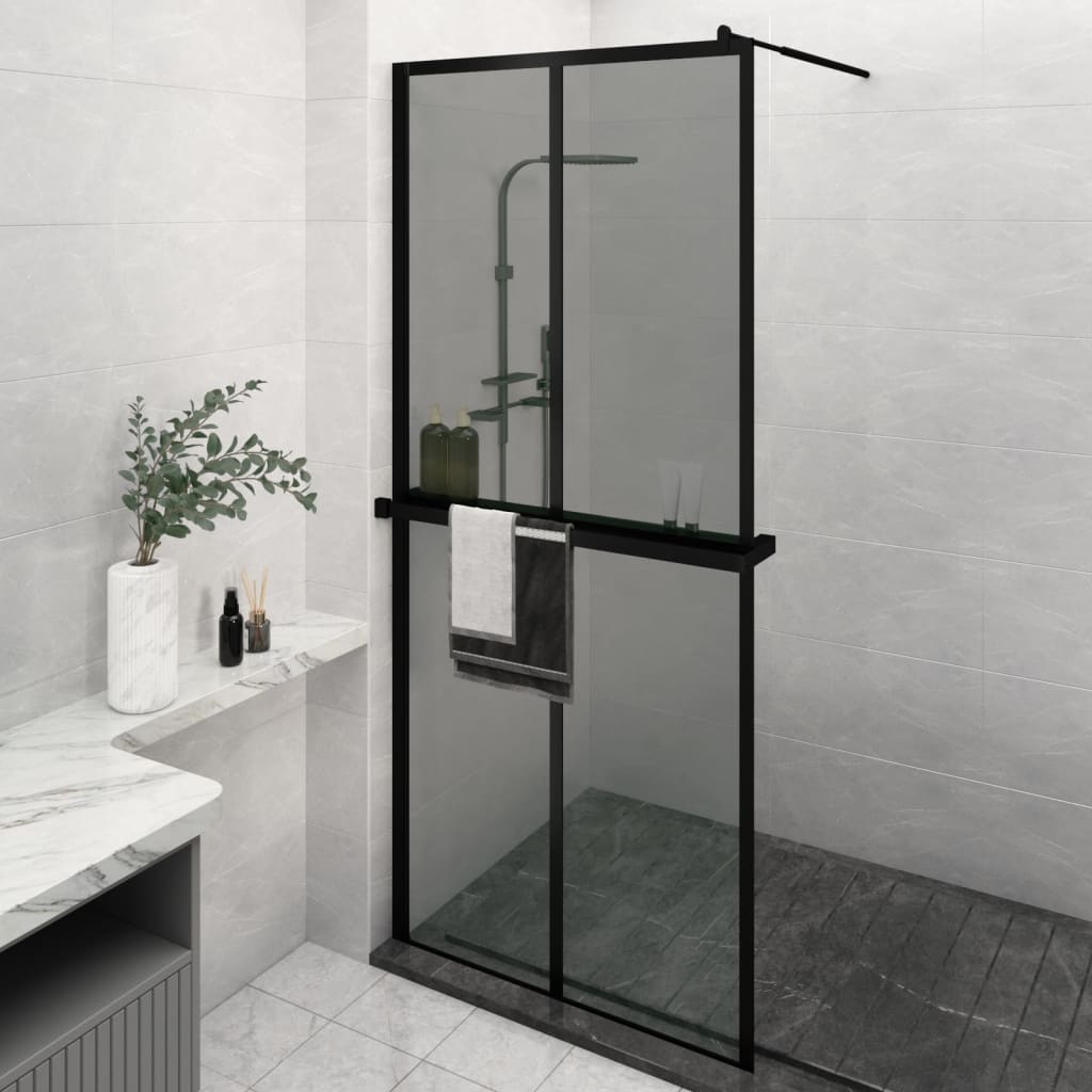 Walk-in Shower Wall with Shelf Black 100x195 cm ESG Glass&Aluminium