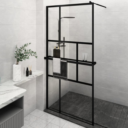 Walk-in Shower Wall with Shelf Black 115x195 cm ESG Glass&Aluminium