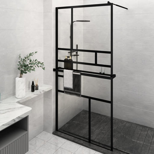 Walk-in Shower Wall with Shelf Black 115x195 cm ESG Glass&Aluminium