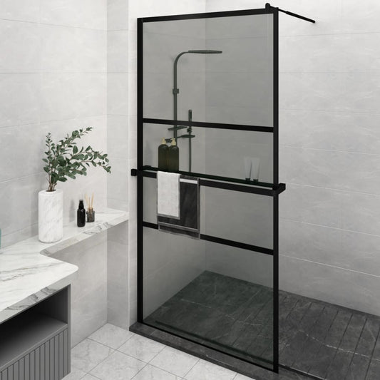 Walk-in Shower Wall with Shelf Black 115x195 cm ESG Glass&Aluminium