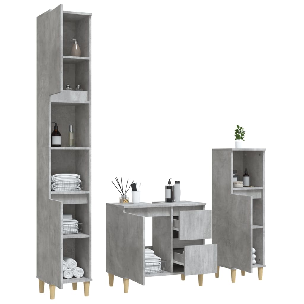 3 Piece Bathroom Cabinet Set Concrete Grey Engineered Wood