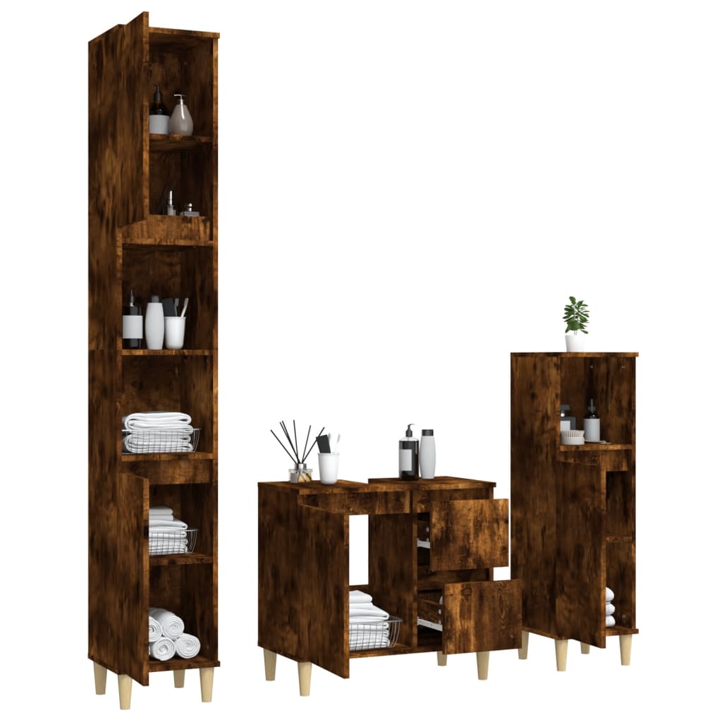 3 Piece Bathroom Cabinet Set Smoked Oak Engineered Wood