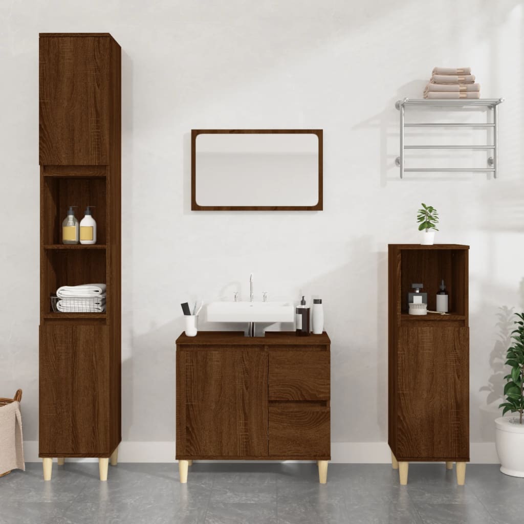 3 Piece Bathroom Cabinet Set Brown Oak Engineered Wood