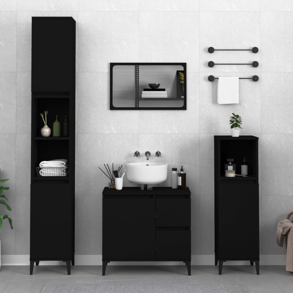 3 Piece Bathroom Cabinet Set Black Engineered Wood