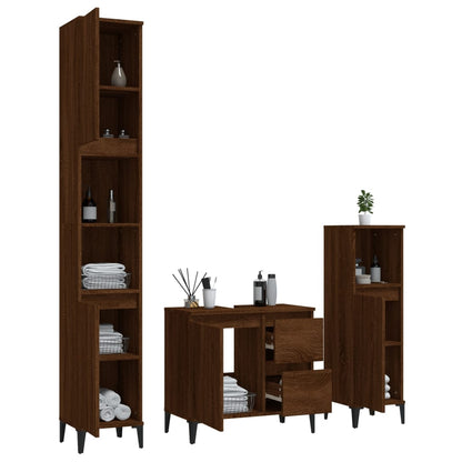 3 Piece Bathroom Cabinet Set Brown Oak Engineered Wood