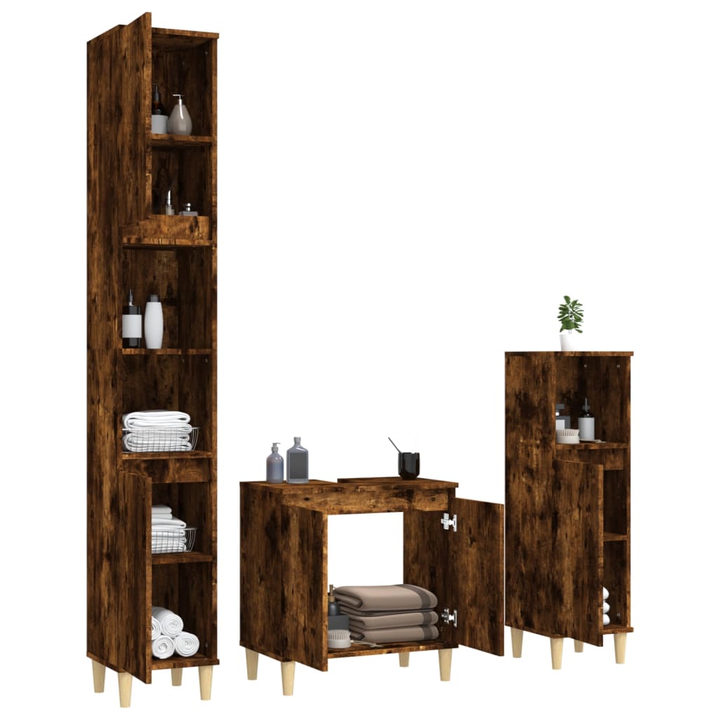 3 Piece Bathroom Furniture Set Smoked Oak Engineered Wood