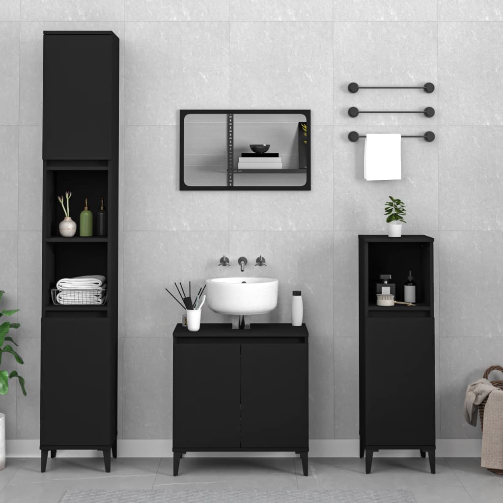 3 Piece Bathroom Furniture Set Black Engineered Wood