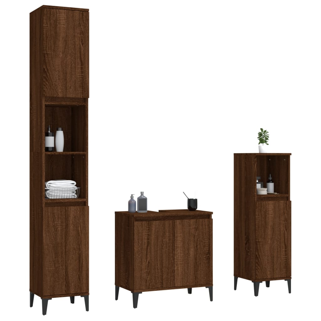 3 Piece Bathroom Furniture Set Brown Oak Engineered Wood