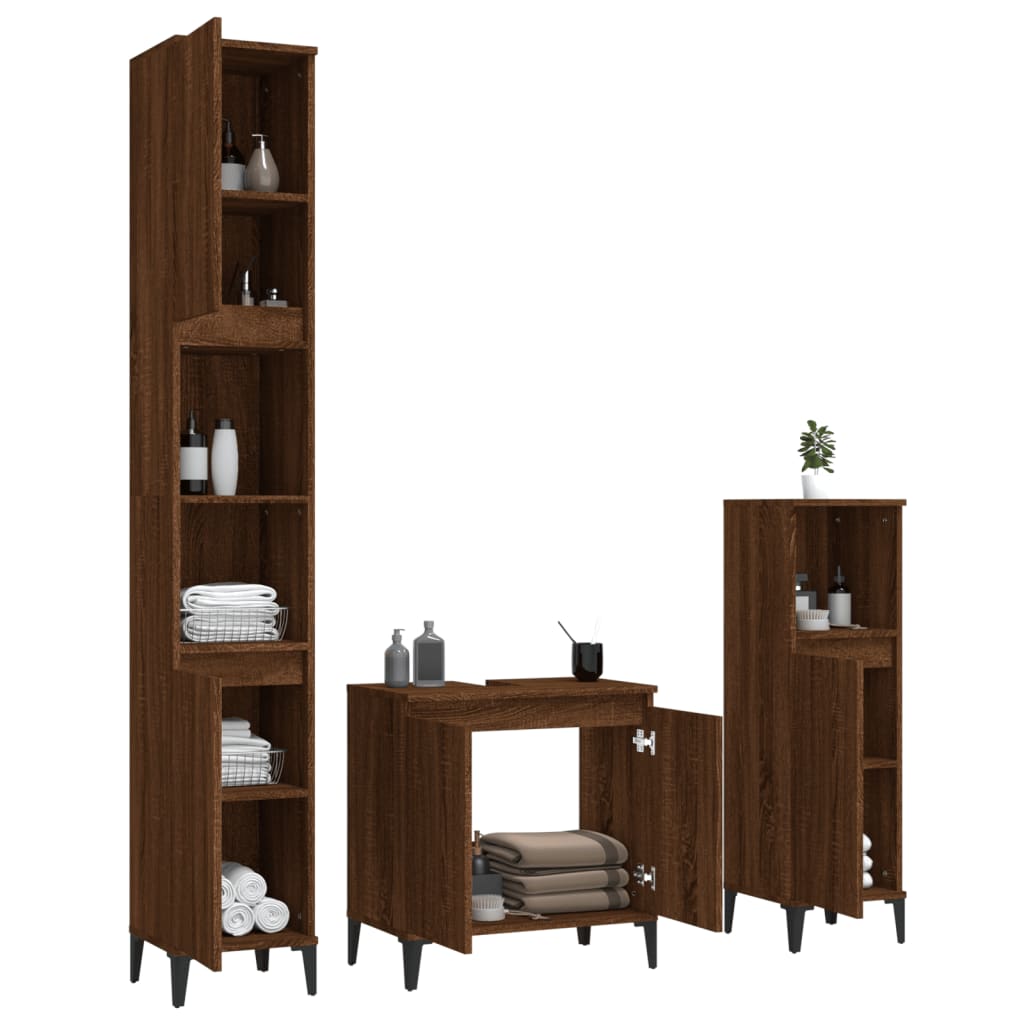 3 Piece Bathroom Furniture Set Brown Oak Engineered Wood