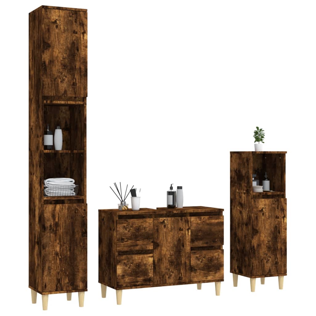 3 Piece Bathroom Furniture Set Smoked Oak Engineered Wood