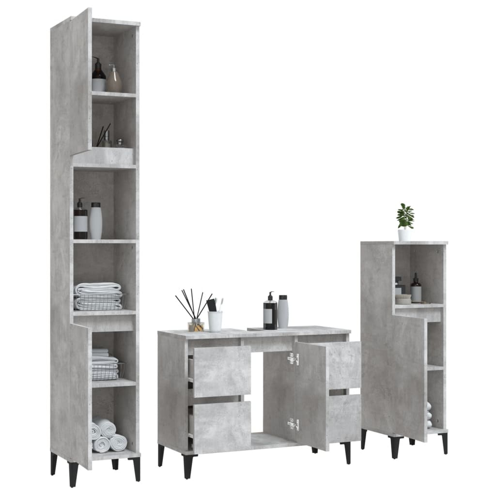 3 Piece Bathroom Furniture Set Concrete Grey Engineered Wood