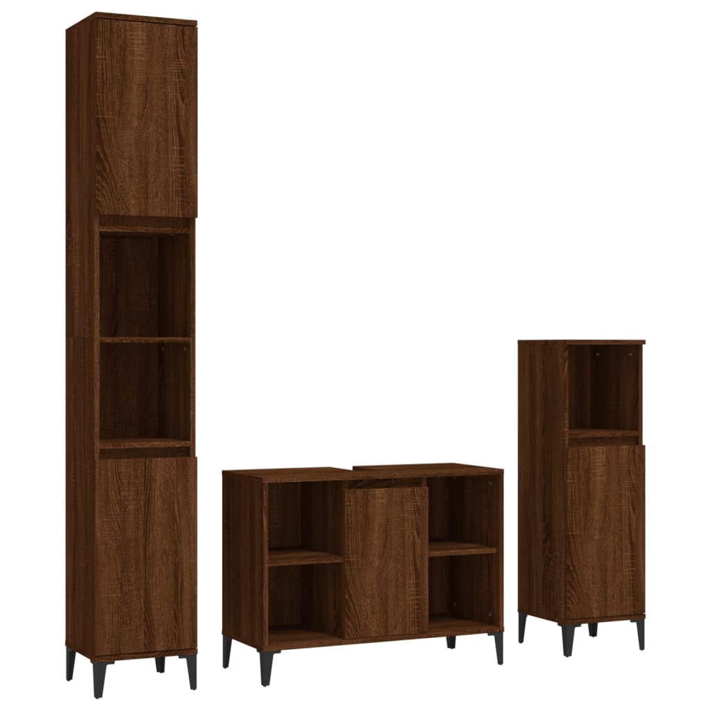 3 Piece Bathroom Furniture Set Brown Oak Engineered Wood