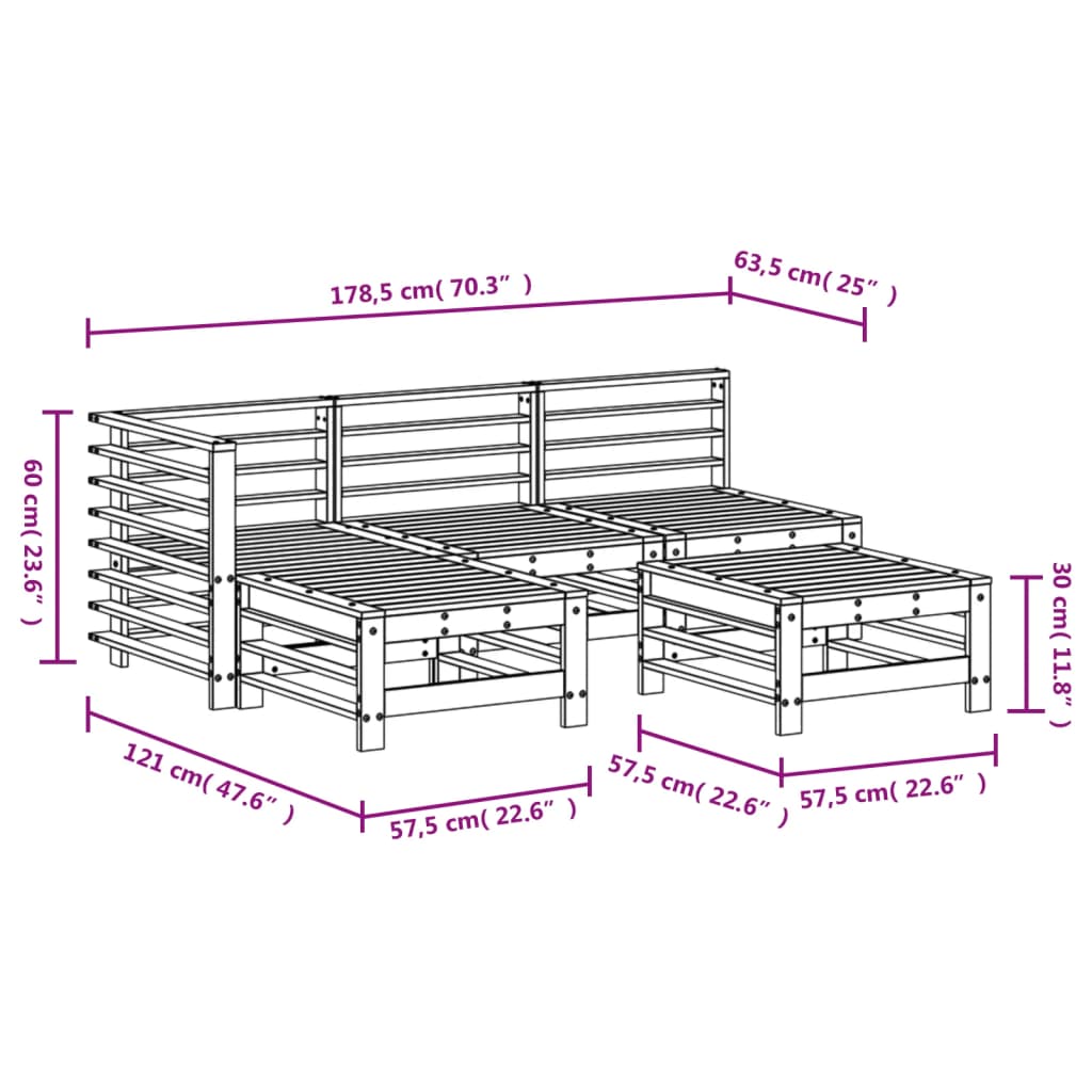 5 Piece Garden Lounge Set White Solid Wood Pine