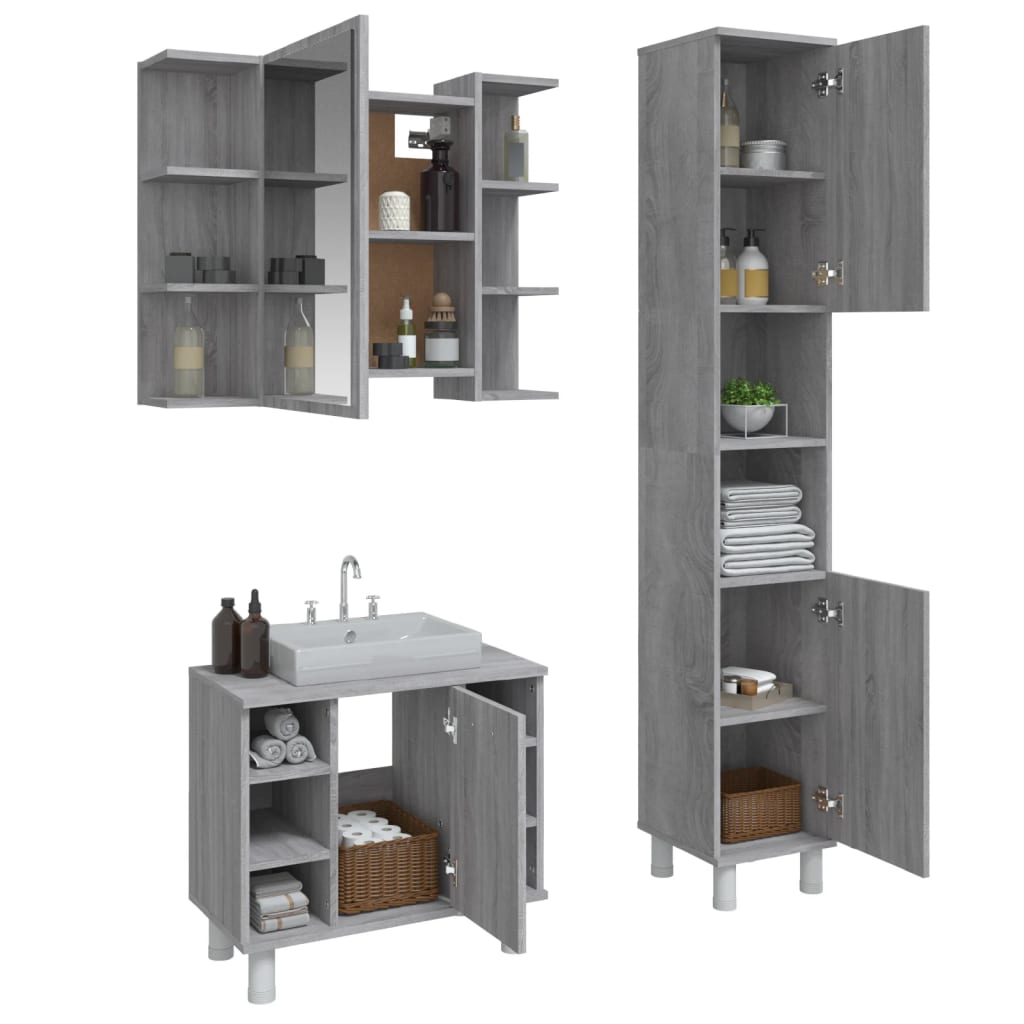 3 Piece Bathroom Cabinet Set Grey Sonoma Engineered Wood