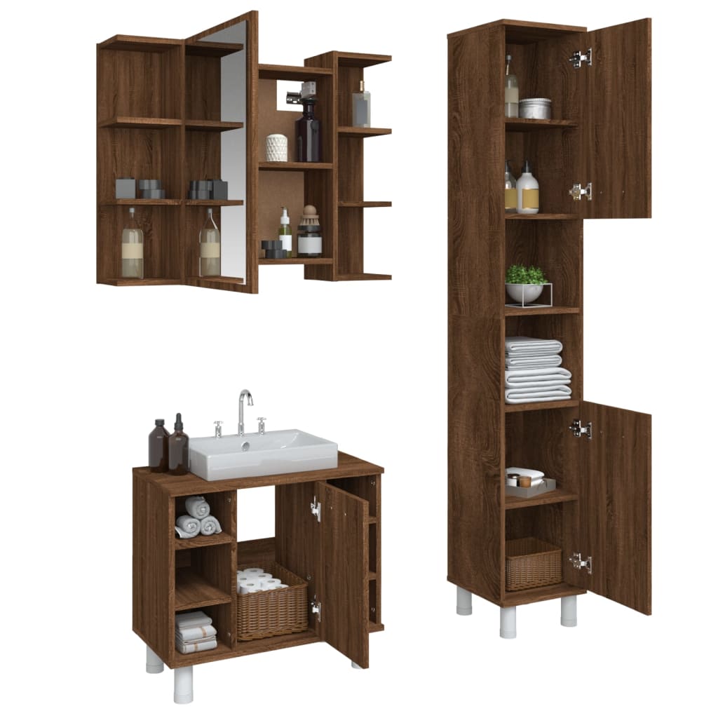 3 Piece Bathroom Cabinet Set Brown Oak Engineered Wood